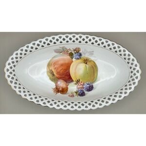 Vtg Schumann Bavaria Reticulated Porcelain Oval Bowl Fruit Motif Gold Trim 11"